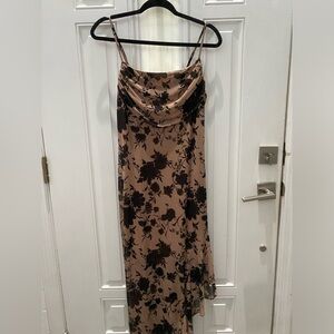 Cocktail, formal, sun dress, chiffon midi dress. Black and tan. Asymmetrical, XL